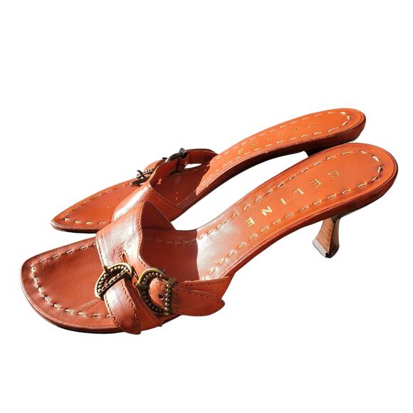Celine Orange Kitten Heel Mules Buckle Detail Gold Stitching - Size 36.5 - Picture 8 of 9